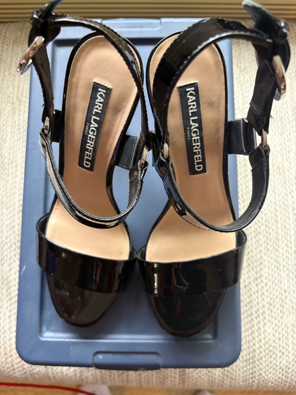 Karl Lagerfeld Black Patent Leather Ankle-Strap Heels